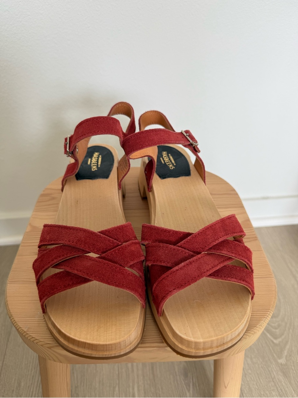 Swedish Hasbeens Red Suede Crisscross Slingback Sandals